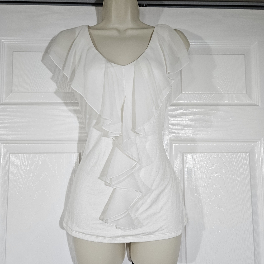 Cache White Ruffle Top